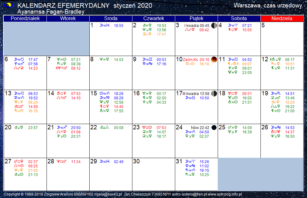 Kalendarz astrologiczny styczeń 2020 r.